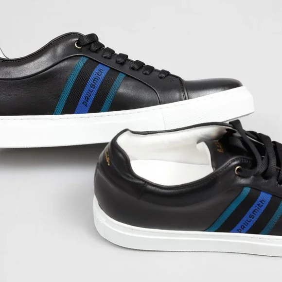 NWT Paul Smith Basso Black Leather Green & Blue Stripe Sneaker
